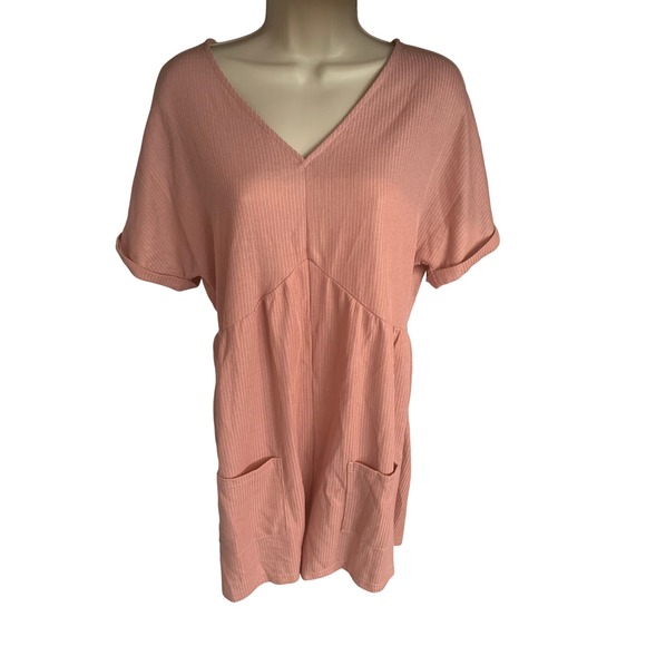 Pants - Pink Ribbed Knit V-Neck Romper Cuffed Sleeve Pockets Size L
